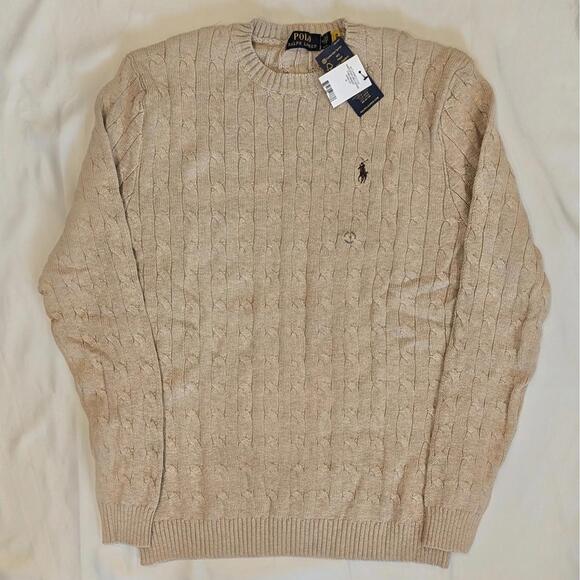 Polo Ralph Lauren Men’s Cable-Knit Cotton Crewneck Sweater Beige Oatmeal M NWT - Picture 2 of 7